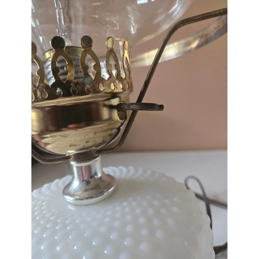 Vintage Hobnail Milk Glass Electric Hurricane Lamp White Glass Brass Accent
